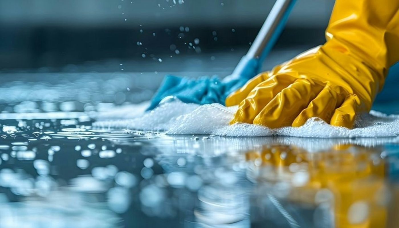 Scrubbing a sparkling wet floor in yellow gloves